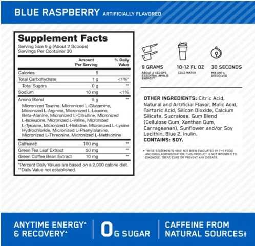 Optimun Nutrition Aminoácido Amino Energy 30 Srv Frambueza Azul